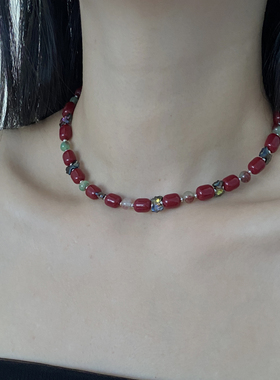 酒红色串珠女水晶蝴蝶项链锁骨链