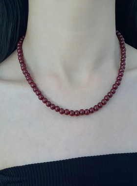 珍珠串珠女酒红色圆珠项链锁骨链