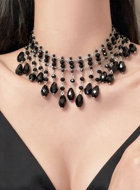 暗黑风多层人造水晶串珠流苏项链