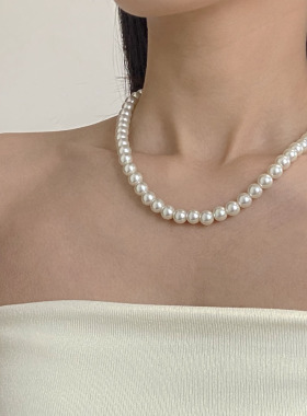 金属银元宝扣高档珍珠项链锁骨链