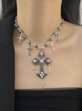 金属串珠流苏女镶钻十字架项链