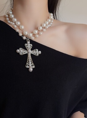 双层珍珠十字架吊坠项链毛衣链