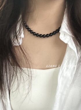 串珠简约女黑色圆珠锁骨项链