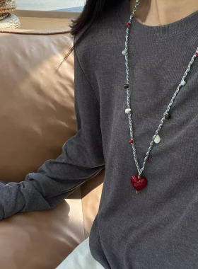 复古彩编织棉绳长款爱心毛衣项链