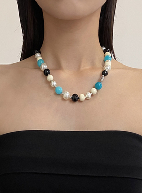 天然海蓝宝石珍珠串珠项链锁骨链