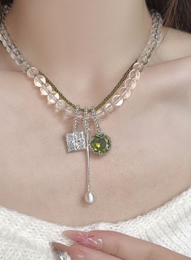 青提水晶串珠叠戴锆石流苏项链女