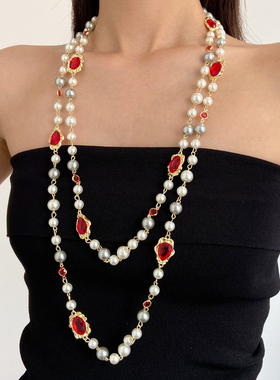 百搭多层珍珠红宝石拼接项链女