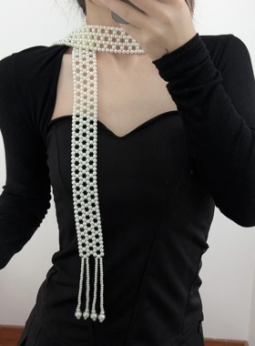 时尚珍珠长流苏编织围巾式项链女
