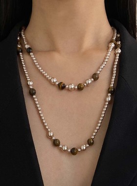 长天然虎眼石美拉德串珠珍珠项链