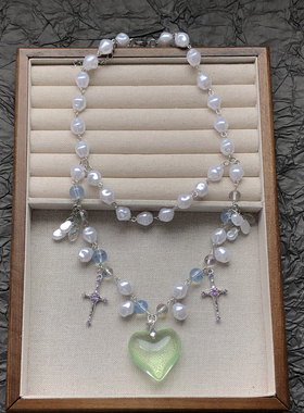巴洛克仿珍珠透明爱心琉璃项链女
