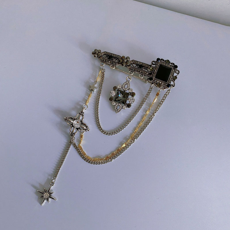 暗黑复古金属链流苏镶钻别针胸针巴洛克黑色宝石高档气质外套配饰,淘宝优惠券,粉丝福利购,淘宝优惠卷