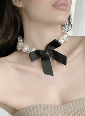 夸张丝带黑蝴蝶结仿珍珠编织项链