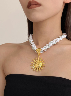 编绳高级感金属花朵项链女choker