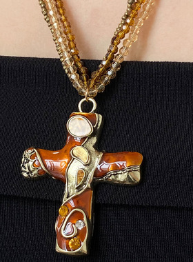 复古滴油十字架多层串珠水晶项链