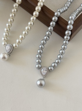 微镶闪钻水滴珍珠项链配饰毛衣链