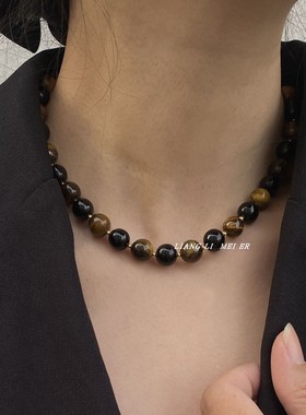 虎眼石圆珠女拼色串珠项链