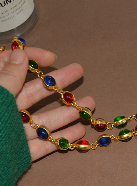 金属彩色宝石女中古气质毛衣项链