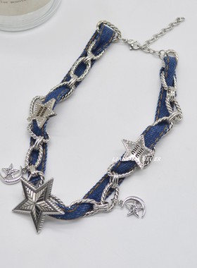 金属链牛仔布女五角星流苏锁骨链