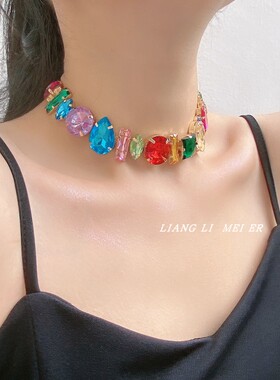 水晶镶钻不规则女彩虹颈链锁骨链
