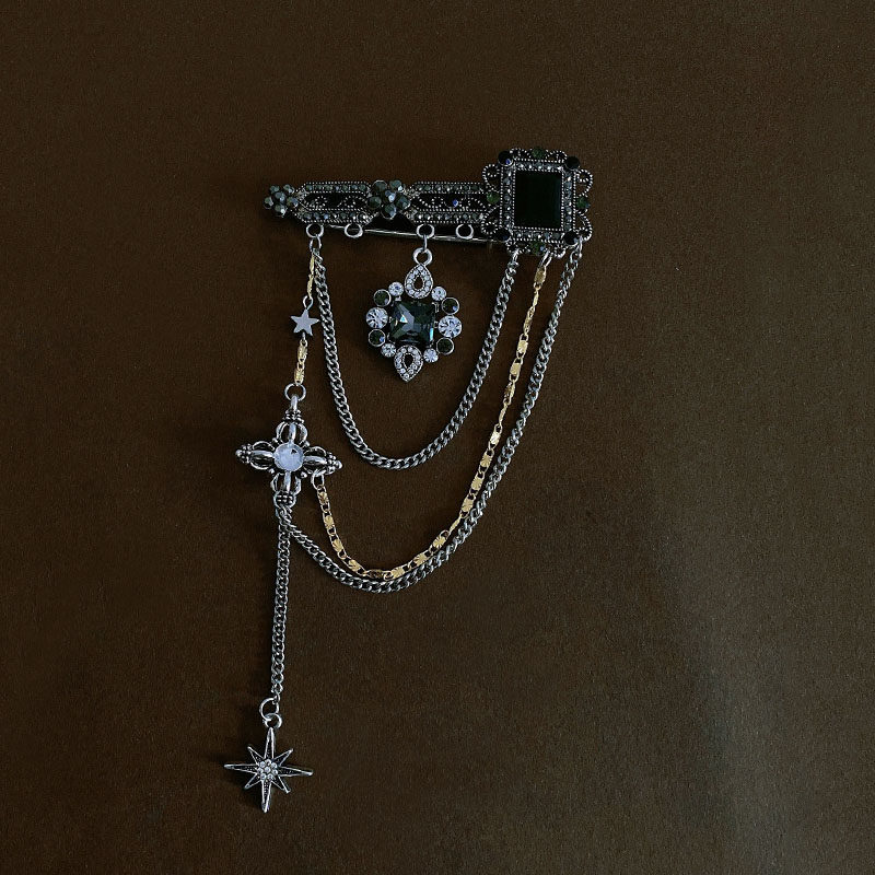 暗黑复古金属链流苏镶钻别针胸针巴洛克黑色宝石高档气质外套配饰,淘宝优惠券,粉丝福利购,淘宝优惠卷