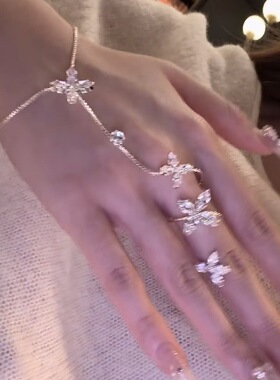 爆闪锆石花朵一体式戒指手链女款