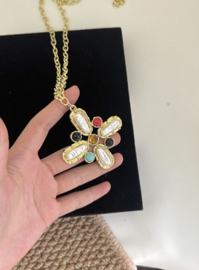 复古时髦彩色镶嵌十字架项链女