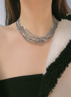 钛钢多层叠戴女蛇骨链闪项链颈链