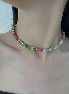 金属串珠女彩色多巴胺项链锁骨链