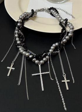 金属串珠缠绕十字架流苏锁骨项链