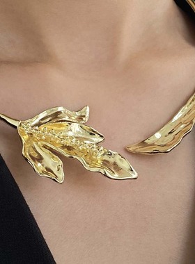 金属风褶皱枫叶花朵项链项圈开口