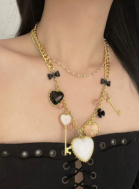 vintage串珠爱心钥匙吊坠项链