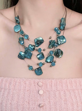 异形不规则粉蓝色贝壳多层项链女