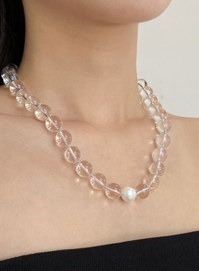 清凉白水晶圆珠透明淡水珍珠项链