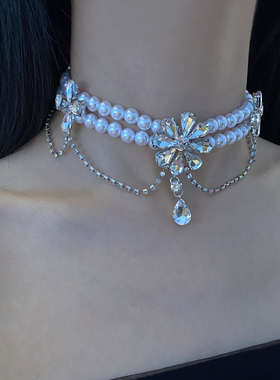 金属双层珍珠女镶钻花朵流苏项链