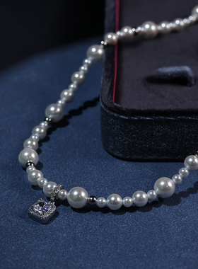珍珠项链女款新款施家爱迪生天女曼塔玫瑰choker镶钻气泡方糖麻灰