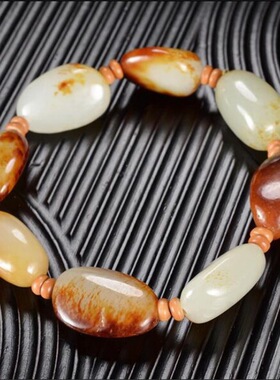 和田白玉籽料原石手链男女款枣红色随型籽料原石手串手链