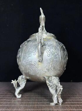 国风鎏银纯铜高浮雕錾刻凤凰牡丹三狮三凤香炉复古家居自用香炉