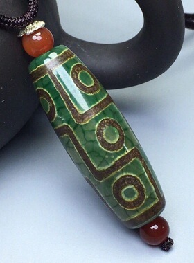 藏传老玛瑙绿色九眼天珠吊坠玉髓佛珠项链