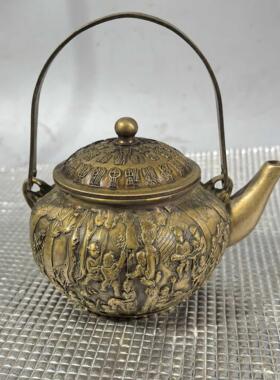 古玩收藏黄铜底款百子图铜水壶提壶纯铜茶壶酒壶客厅摆件