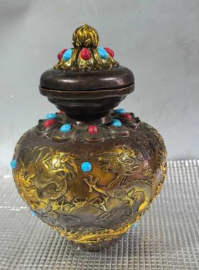 复古纯铜九龙聚宝盆鎏金宝石高浮雕客厅办公室将军罐工艺摆件