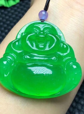 玛瑙佛公吊坠高冰阳绿帝王绿满绿弥勒佛玉挂件