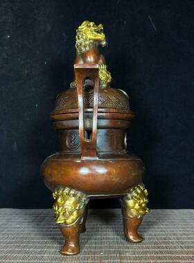 纯铜鎏金大朝冠耳官帽兽足太极狮子香炉铜香炉纯铜大型香炉