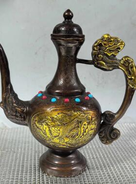 复古纯铜收藏宝石龙凤呈祥酒壶精工铜器摆件客厅家居自用黄铜摆件