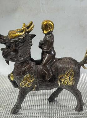 仿古做旧纯铜鎏金送子麒麟一对客厅文玩新婚送礼迎福中式摆件