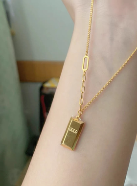 25新款毛衣链暴富吊坠礼物钛钢项链女Gold小方块ins锁骨链带礼盒