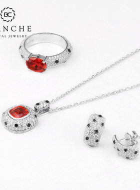 豹纹斑点鸽血红0字链纯银项链女