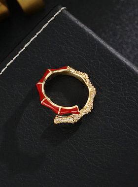 红色镶钻竹节戒指可调节食指开口