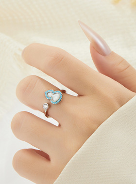 精致国风高级感天然贝母葫芦开口戒指蓝松石围边可调节食指戒指环