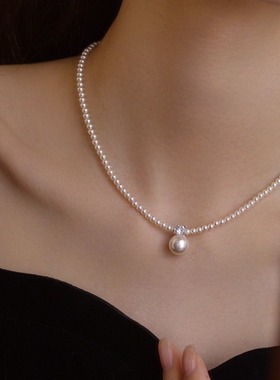 s925纯银施家珍珠项链女轻奢高级感正圆戴妃款吊坠锁骨链气质饰品