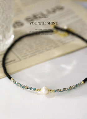 黑色水晶珍珠项链轻奢锁骨链新款